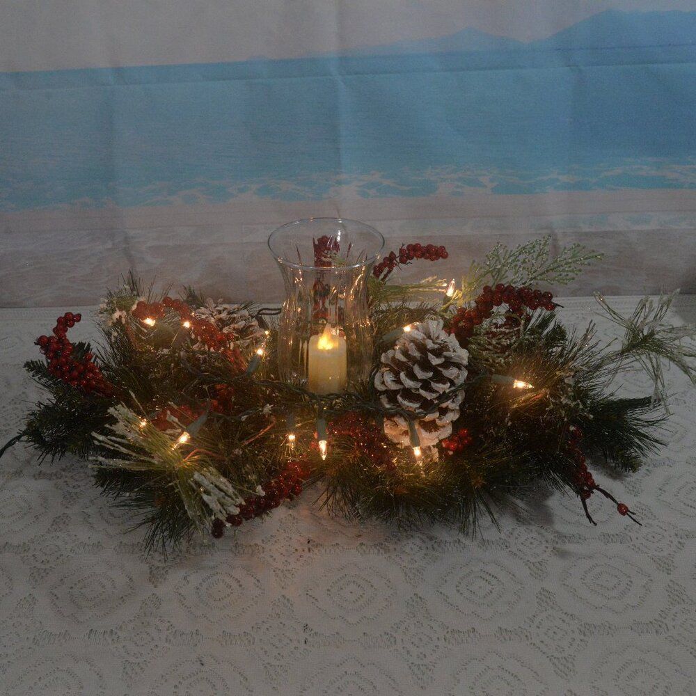 Holiday Winter Greenery Arrangement with Candle Holder and Flameless Candle